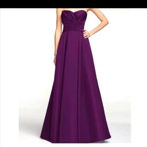 DAVID’S BRIDAL strapless satin pleated bodice ball gown in Plum